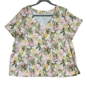 J. Jill Pima Slub Knit V Neck Tee Leaf Print Sz XL Petite